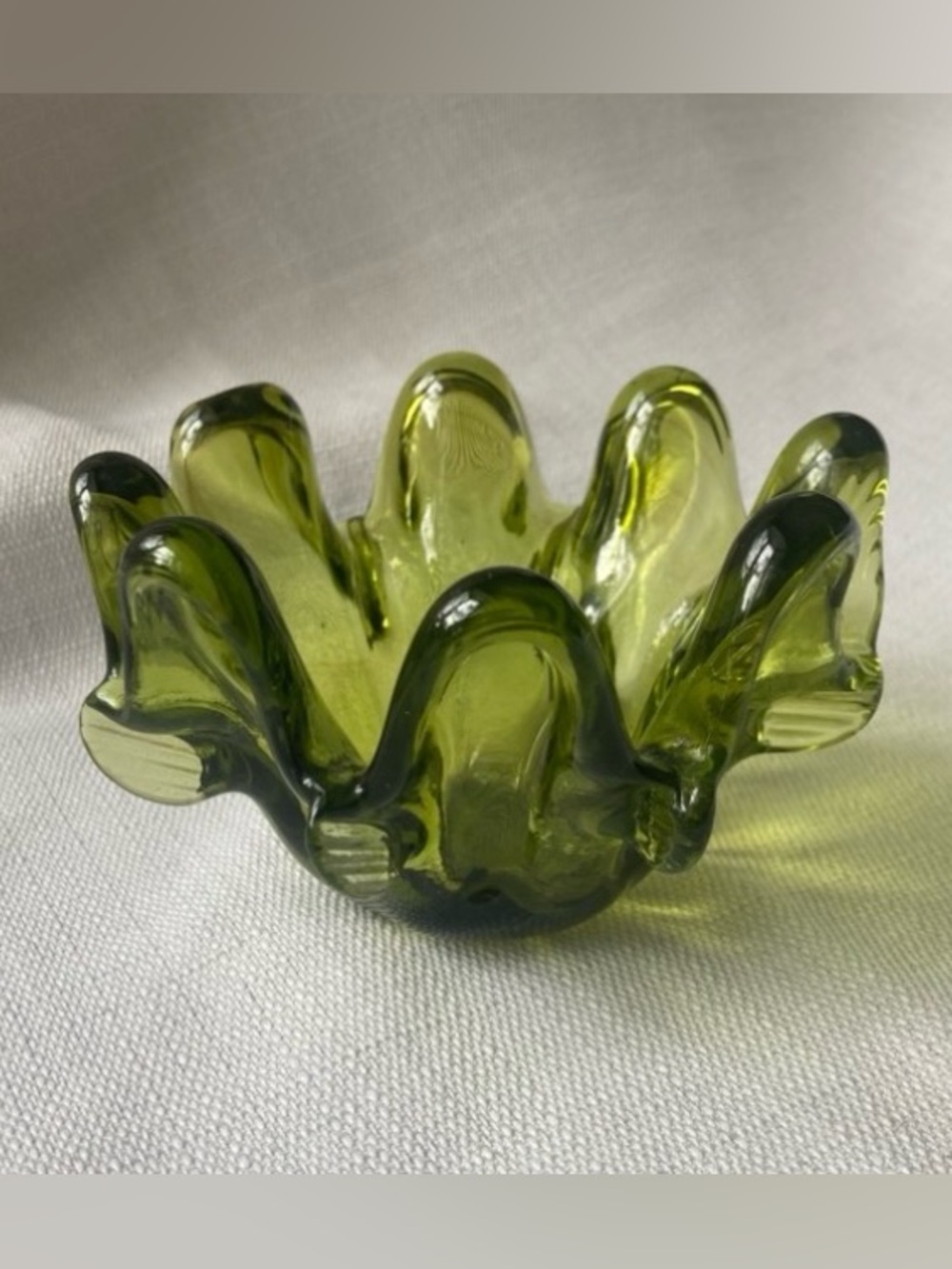 Vintage Olive Green MCM Pinched Glass Finger Trinket Bowl!